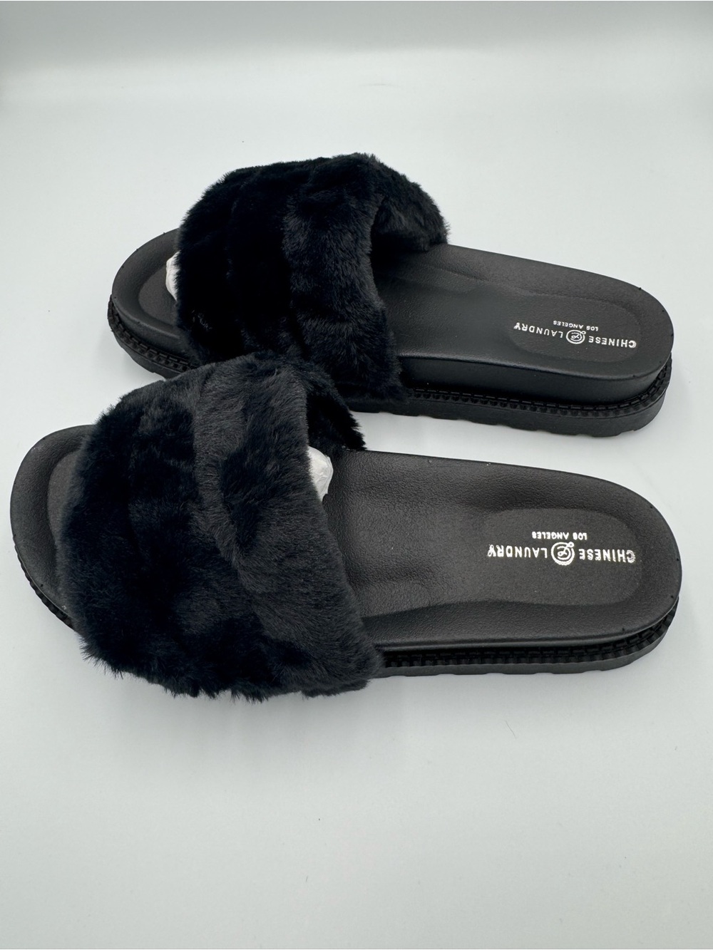 Chinese Laundry Black Faux Fur Slide Sandals Women’s Size 10 New No Box